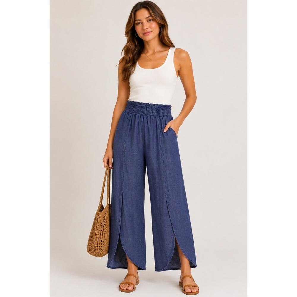 Land n Sea Womens Linen Blend Smocked Wide Leg Tulip Split Pant Size Medium Navy